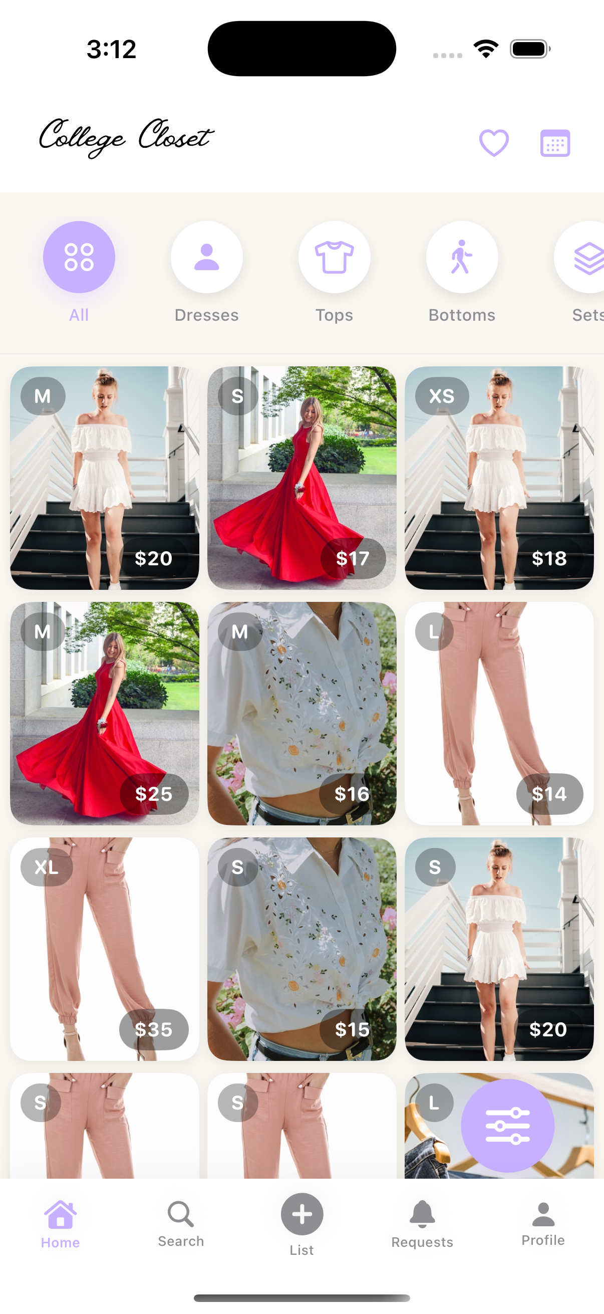 College Closet App Interface